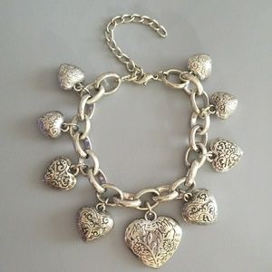 Ornate Puffy Heart Charm Silver Bracelet